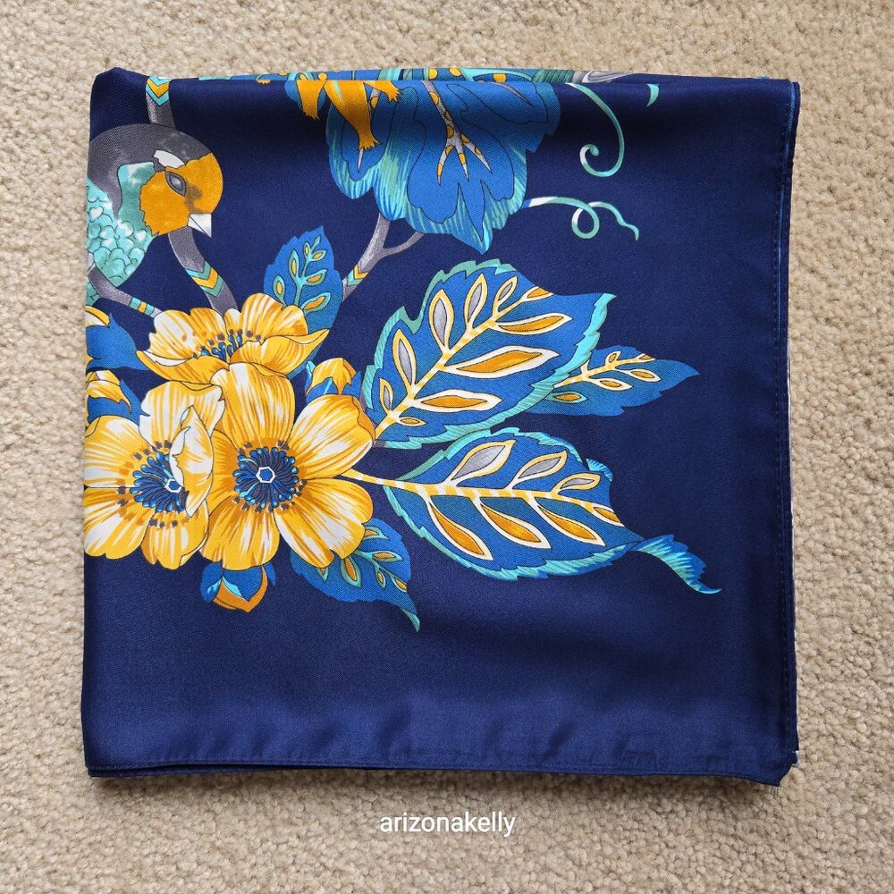 HUGE Silk Wrap Scarf Birds Blue Yellow - Picture 13 of 13